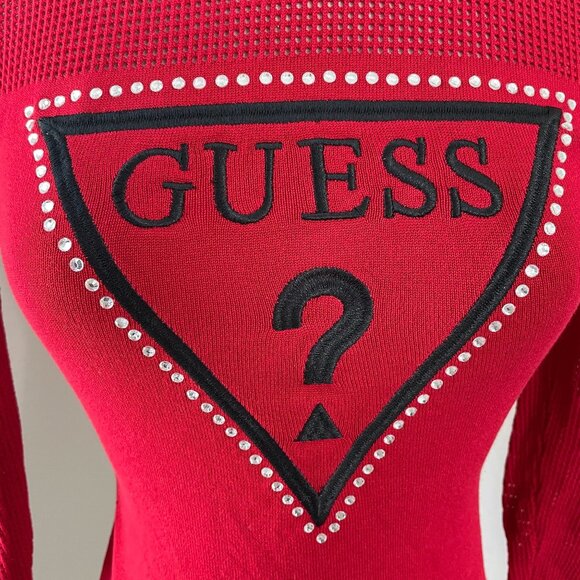 Y2K Guess Womens Small Red Mesh Knit Logo Sweater With Rhinestones - Picture 5 of 11